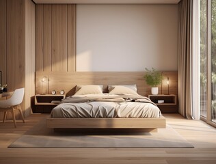 Interior of modern bedroom with wooden walls, wooden floor, comfortable king size bed and wooden wardrobe. 3d rendering