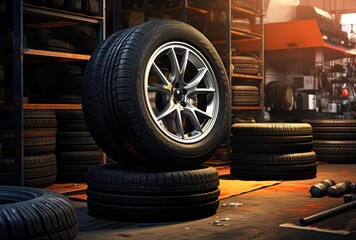 Car tires in the auto repair shop. 3d render illustration.