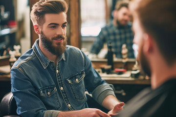 a handsome model man with a beard in the hairdresser barbershop salon gets a new haircut trim and style it. sitting on the chair and talks to the hairstylist barber. guy smiling.