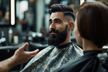 a handsome model man with a beard in the hairdresser barbershop salon gets a new haircut trim and style it. sitting on the chair and talks to the hairstylist barber. guy smiling. - obrazy, fototapety, plakaty