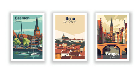 Fototapeta premium Bremen, Germany. Brno, Czech Republic. Bruges, Belgium - Vintage Travel Posters