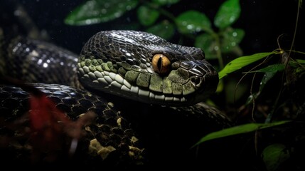 Obraz premium A stealthy snake gliding through the undergrowth of a nighttime jungle
