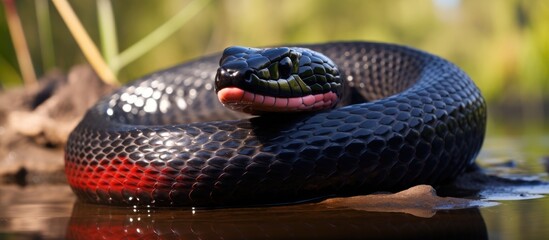 The Red-bellied Black Snake was spotted basking in its natural habitat, gracefully coiled and soaking up the warmth of the sun's rays.