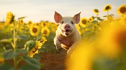A cheerful pig frolicking in a vibrant sunflower field