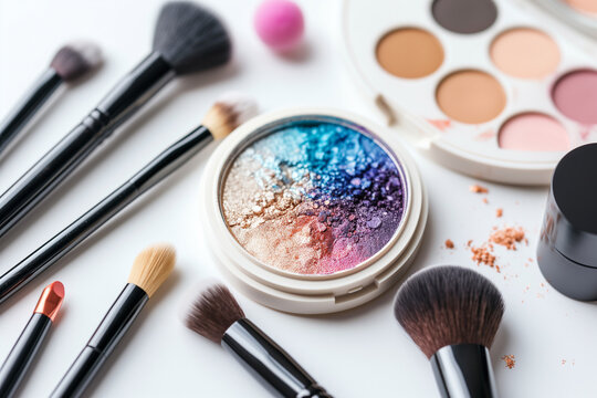 Makeup cosmetic products color background flat lay top view.woman beauty fashion decorative. Set of decorative cosmetics with makeup brushes on colorful background.