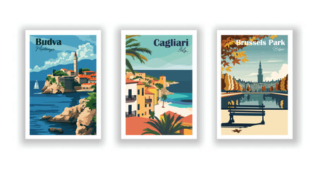 Brussels Park, Belgium. Budva, Montenegro. Cagliari, Italy - Vintage Travel Posters