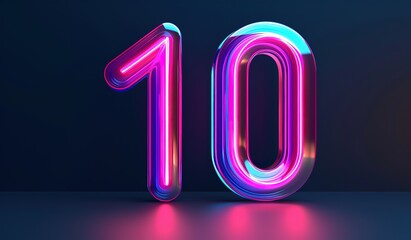 Bright neon lights forming the number 10, illuminating the dark surroundings with a colorful glow