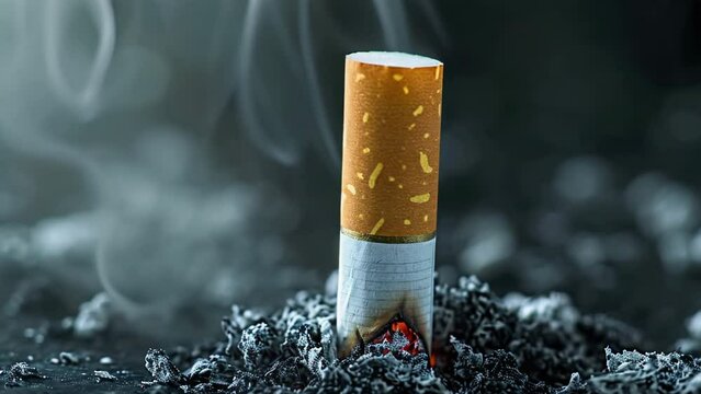 Smoker man put out cigarette close up. People smoke tobacco. Bad toxic habit. Nicotine narcotic addiction. Burned cigarettes ash on black background closeup. Stop quit smoking health care concept.