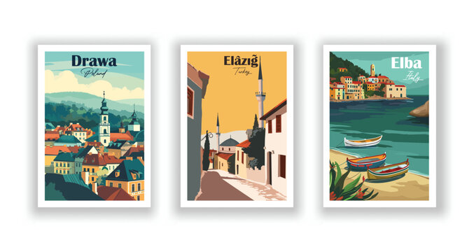 Drawa, Poland. El&acirc;zığ, Turkey. Elba, Italy - Vintage Travel Posters
