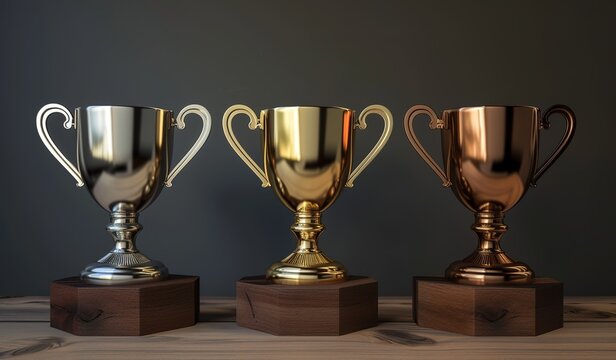 A ceremonial display of gold, silver and bronze cups on elegant wooden stands symbolizing achievement and recognition.