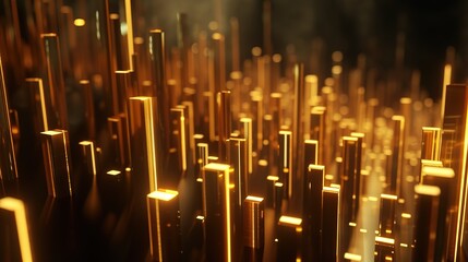 Abstract visualization of glowing golden rods with a dynamic perspective, creating a sense of futuristic luxury.