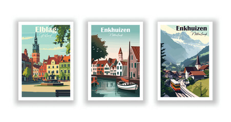 Elblag, Poland. Engelberg, Switzerland. Enkhuizen, Netherlands - Vintage Travel Posters