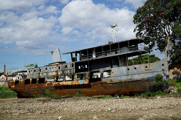 The old Amazon steamer Benjamin, built in 1905, has been driving up and down the Amazon, later it...