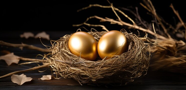 The golden eggs are pictured atop a nest on a black background. generative AI