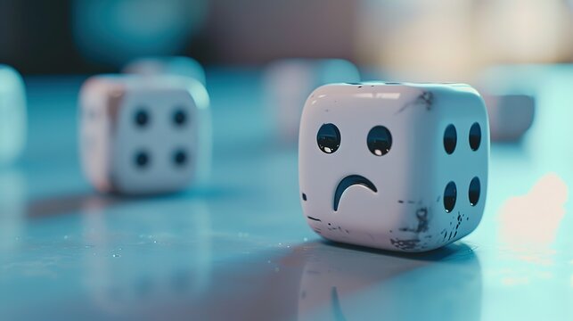 A close-up of white dice with sad emoji faces on a reflective surface, evoking themes of chance and emotion.
