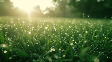 Close-up of dew drops on green grass blades, illuminated by the soft light of a rising sun. - obrazy, fototapety, plakaty