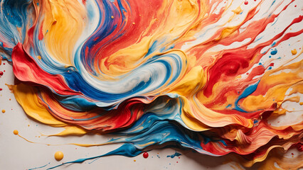 Captivating watercolor masterpiece on textured paper - Dynamic swirls of red, blue, and yellow evoke energy and movement in this vibrant abstract artwork.