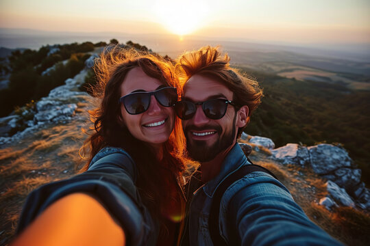 a cute romantic hetrosexual couple shooting a selfie on top of a mountain with sunglasses smiling and being happy at sunset.