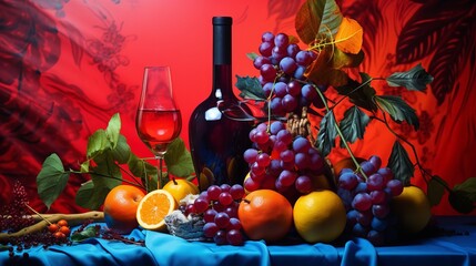 A psychedelic colored background is present in this still life.