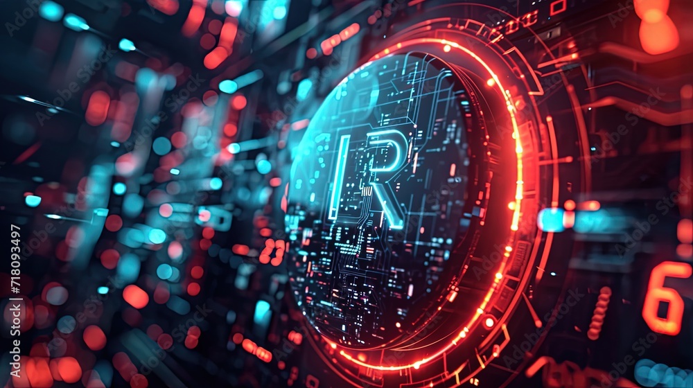 Poster advanced digital art presenting a futuristic concept of blockchain encryption, with glowing circuits