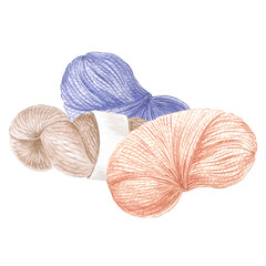 Watercolor three skeins of threads, wool knitting yarn. Template illustration knitting crochet hook and needles. Isolated hand drawn illustration for card, knitter blog, needlework store, embroidery