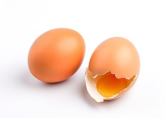An open egg with yolk inside on white background