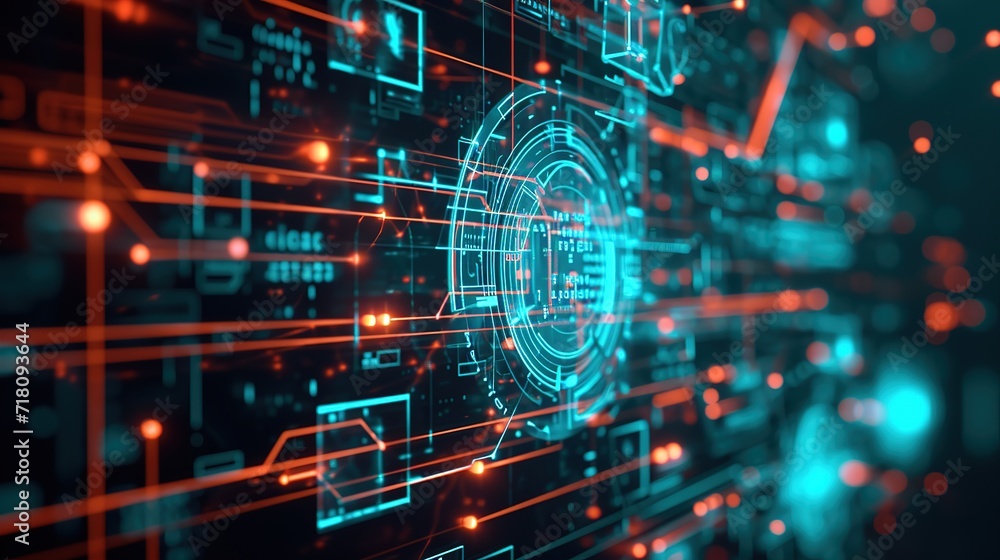 Poster An intricate network interface with a focus on cybersecurity, displaying dynamic digital elements and neon circuitry indicative of advanced technology and data protection.