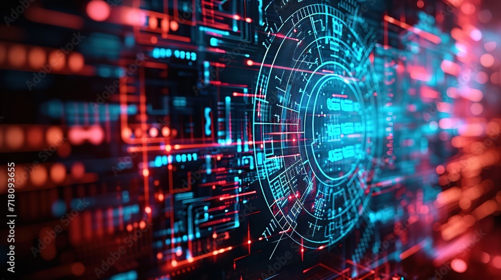 Poster a sophisticated digital interface featuring futuristic cybersecurity elements with glowing neon ligh