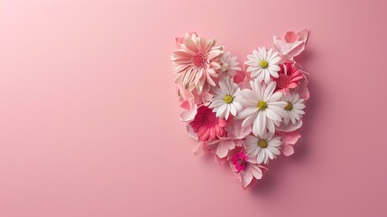 A heart made from assorted flowers against a soft pink backdrop, symbolizing love and affection.