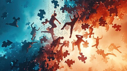 Dynamic scene of puzzle pieces bursting in mid-air, symbolizing disruption, chaos, or creative brainstorming. - obrazy, fototapety, plakaty