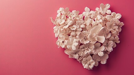 A delicate heart composed of white flowers arranged on a vibrant pink backdrop, evoking feelings of romance and love.