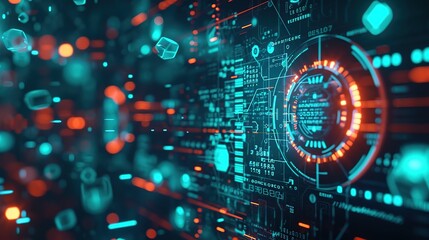 Obraz premium A close-up of a sophisticated cybersecurity digital interface with glowing circuits, representing high-tech network protection and data encryption technologies.