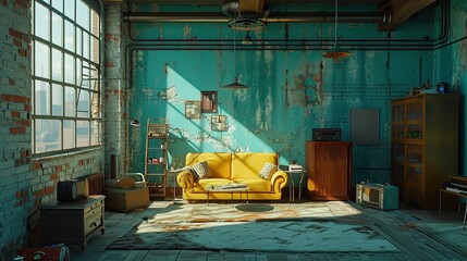 A stylishly vintage loft bathed in sunshine features a bold yellow couch against an aged turquoise wall, exuding urban charm and character.