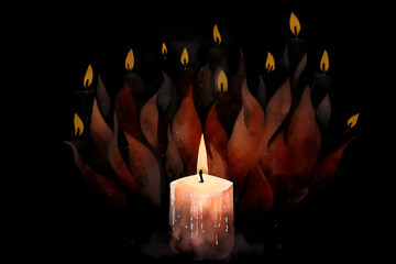 Candle burning in the dark for mystic spiritual enlightenment, hope, faith and warm emotions concept watercolor style on abstract fire background