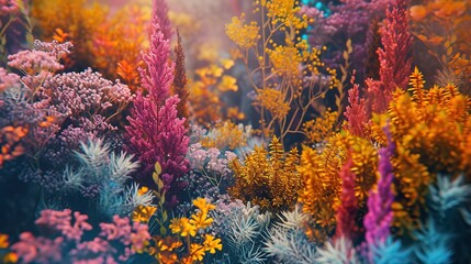 Fototapeta na wymiar Vibrant display of autumn flora basking in ethereal light, showcasing a rich tapestry of seasonal colors.