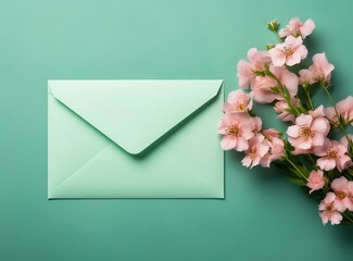 An empty envelope decorated with flowers next to it on a green Background. generative AI