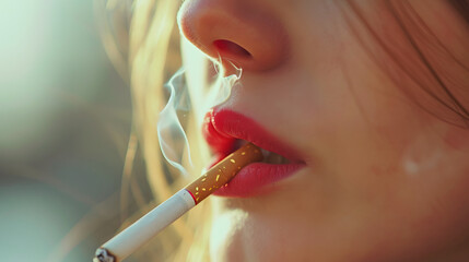 Closeup of Woman Smoking Cigarette with Red Lipstick