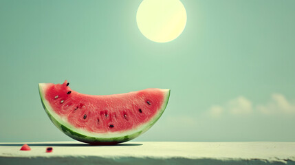 Summer Concept Watermelon Slice Sun on Blue Sky Background