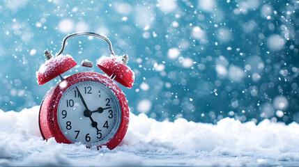 Winter Season Time Concept with Red Alarm Clock in Snow
