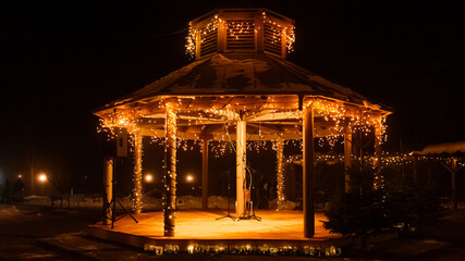 Christmas market lighting at night (2023) at Osterhofen, Danube, Deggendorf, Bavaria, Germany