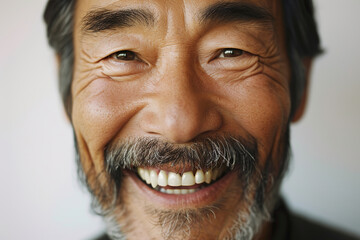 a handsome old senior asian indian model man smiling. used for a web or print ad. isolated on building house wall background.