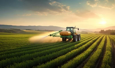 Foto op Plexiglas Tractor watering a plant in a field in the afternoon. generative AI © original logo