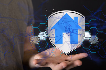 home data. Digital cyberspace with particles and Digital data network connections concept. - neural...