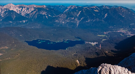 Alpine summer view with Lake Eibsee seen from Mount Zugspitze, Top of Germany,...