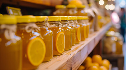 Organic Raw Honey Jars with Lemon Lids on Market Shelf