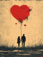 heart in the sky and couple holding hands valentines day card