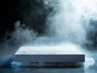 Flat minimalistic product display podium on the floor covered with liquid nitrogen with back lighting on dark background. AI generated photorealistic illustration of a marketing demo stage.