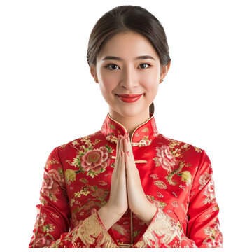 happy Chinese new year. Asian woman with gesture of congratulation