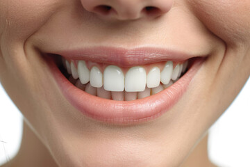 Obraz premium a close up photo of the lower part of a female face. beautiful cute smile with very clean perfect teeth. chin, nose and mouth visible. dental service advertisement. white background.
