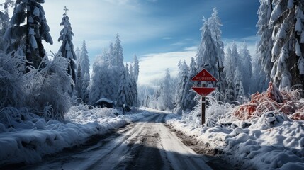 road sign covered with snow - obrazy, fototapety, plakaty